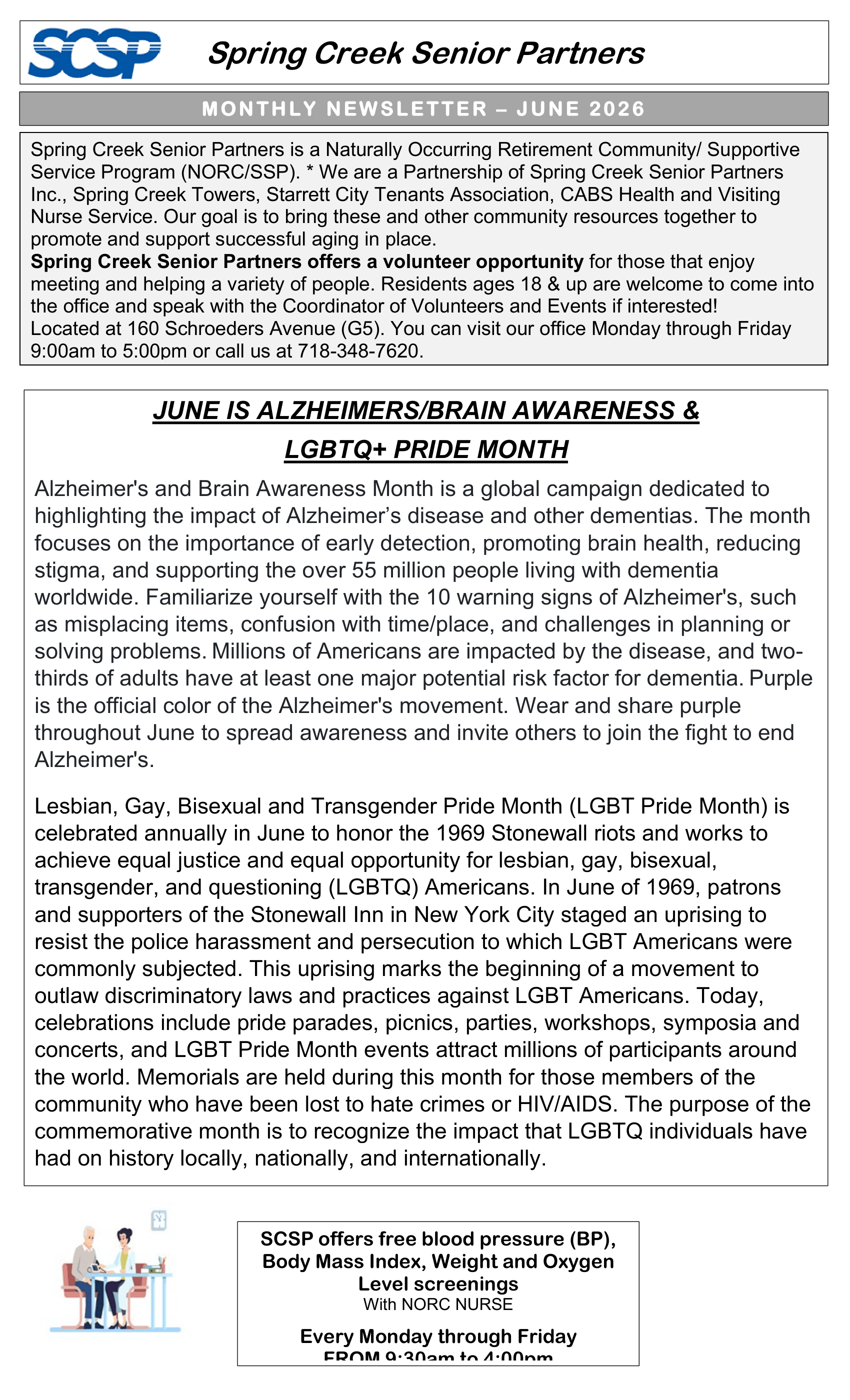 **Spring Creek Senior Partners Monthly Newsletter**