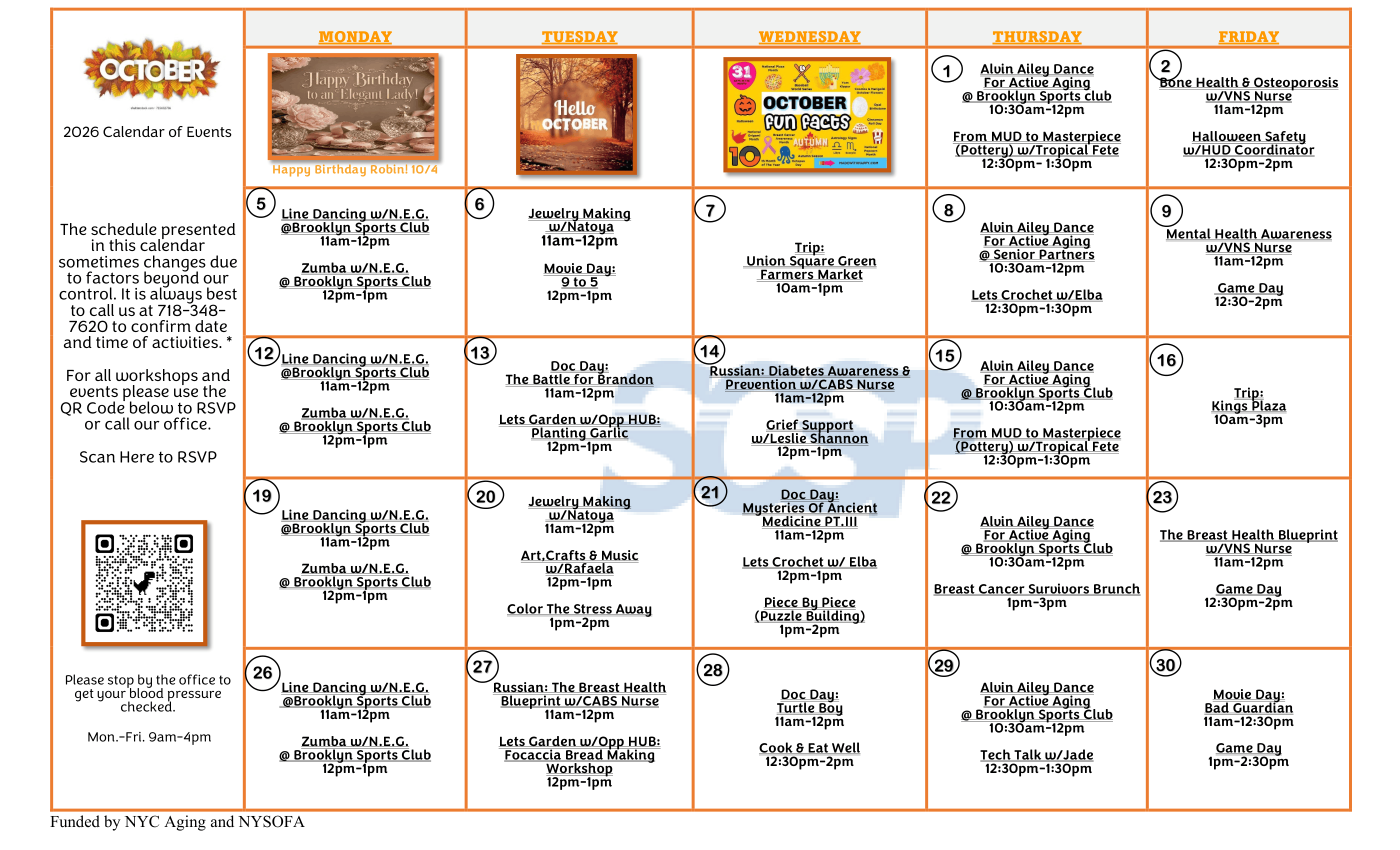 October senior activities calendar